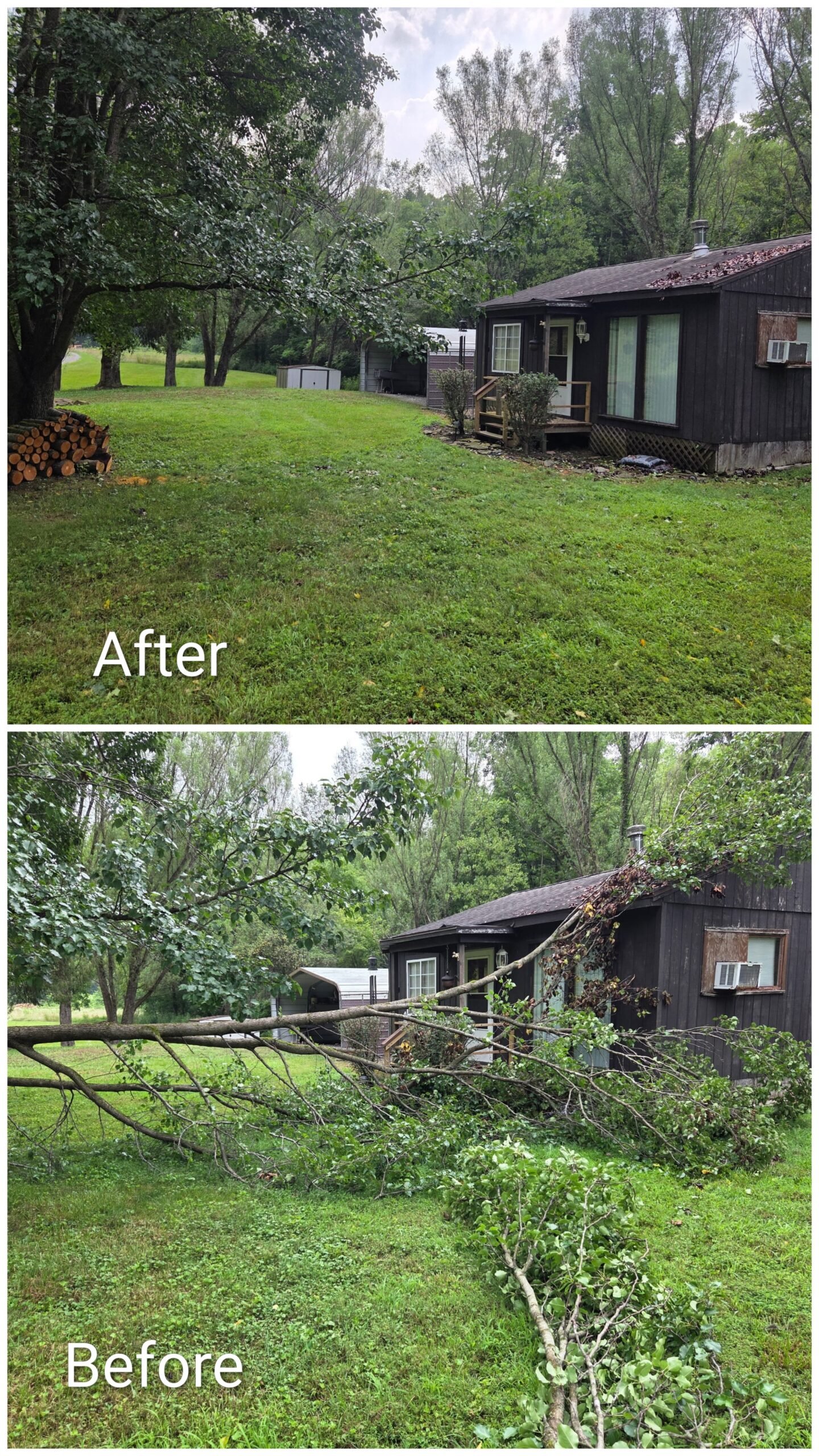 Before and after storm cleanup showing a large fallen tree limb removed from beside a home and the yard cleared of debris.
