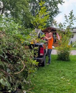 Lindsey's Storm Clean-Up crew removing trimmed branches from a residential property.